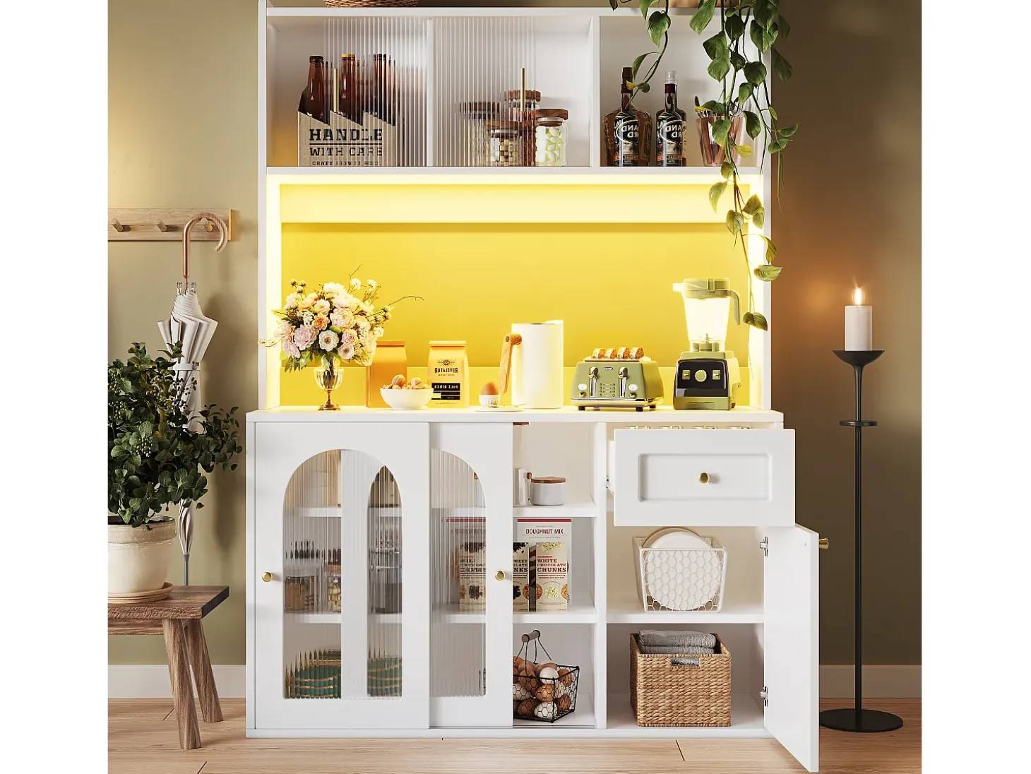 Mueble buffet con LED, 3 tiroirs, étagères réglables, MDF, blanco (120x35x167 cm)
