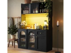 Mueble buffet con LED, 3 tiroirs, étagères réglables, MDF, negro (120x35x167 cm)