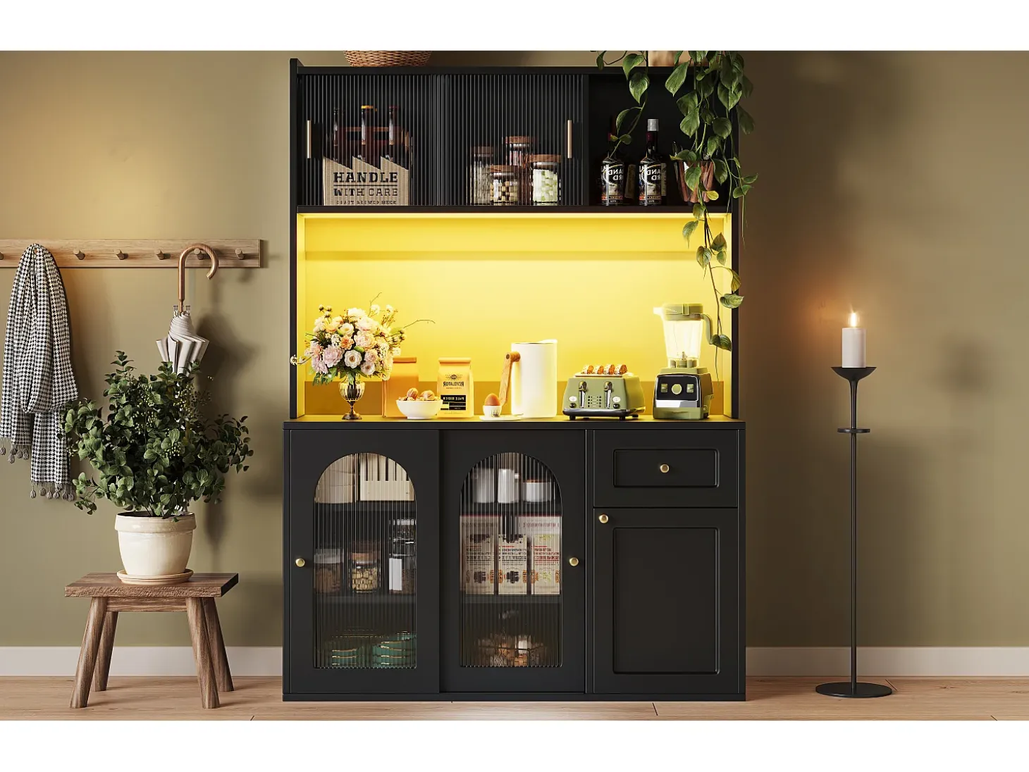 Mueble buffet con LED, 3 tiroirs, étagères réglables, MDF, negro (120x35x167 cm)