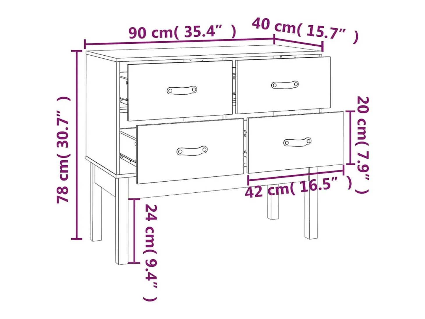 Mueble consola de madera maciza de pino marrón miel 90x40x78 cm