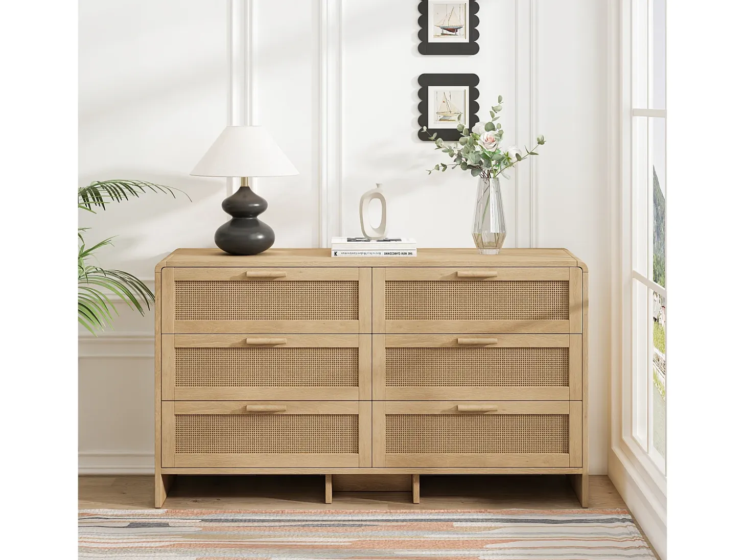 Mueble de almacenaje de ratán en forma de arco con 6 cajones - para salón o cocina - natural