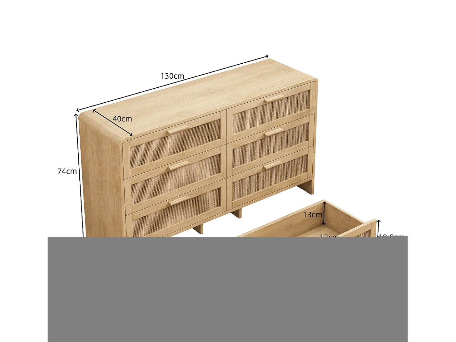 Mueble de almacenaje de ratán en forma de arco con 6 cajones - para salón o cocina - natural