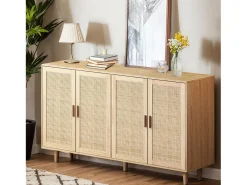 Mueble de almacenaje de ratán, diseño elegante, madera maciza, natural, (158x40x88 cm)