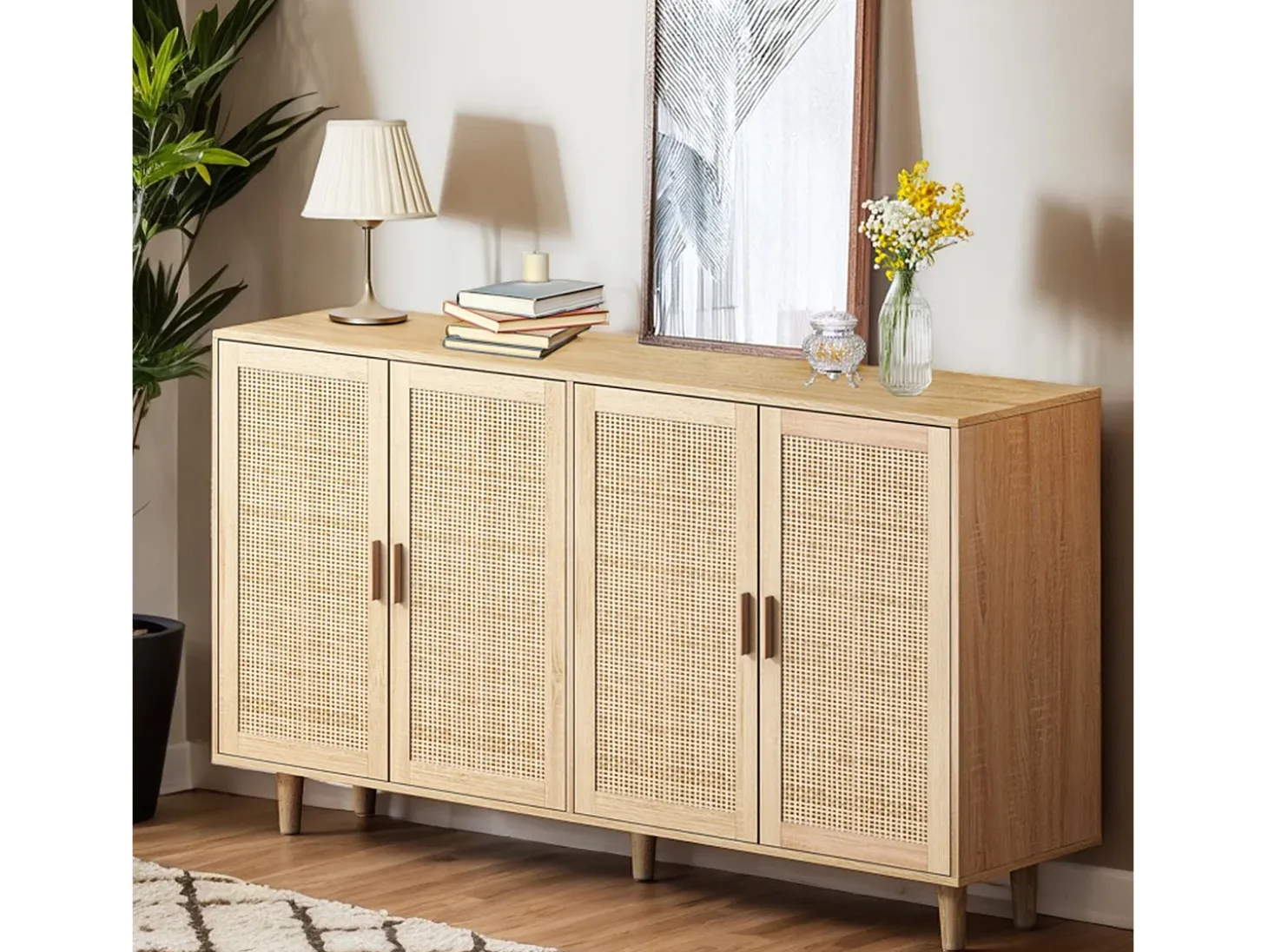 Mueble de almacenaje de ratán, diseño elegante, madera maciza, natural, (158x40x88 cm)