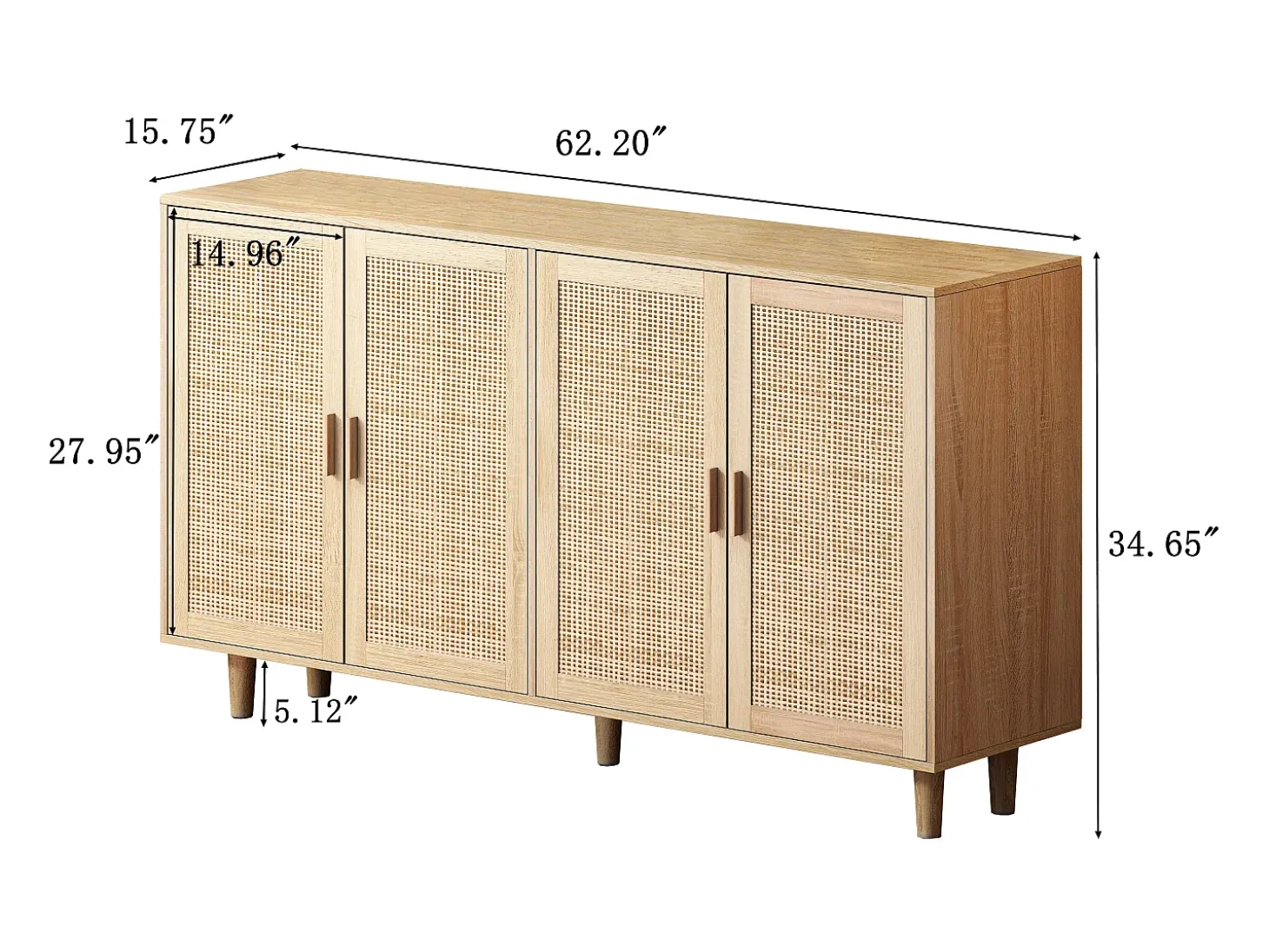 Mueble de almacenaje de ratán, diseño elegante, madera maciza, natural, (158x40x88 cm)