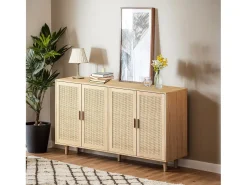 Mueble de almacenaje de ratán, diseño elegante, madera maciza, natural, (158x40x88 cm)