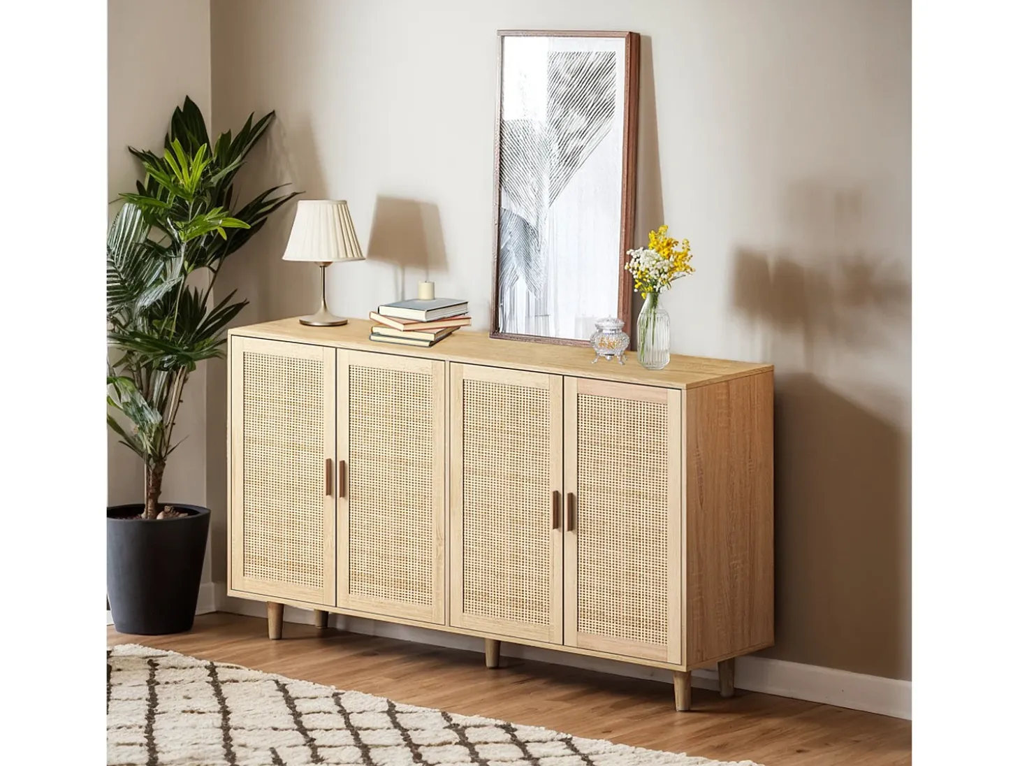 Mueble de almacenaje de ratán, diseño elegante, madera maciza, natural, (158x40x88 cm)