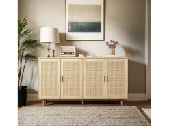 Mueble de almacenaje de ratán, diseño elegante, madera maciza, natural, (158x40x88 cm)