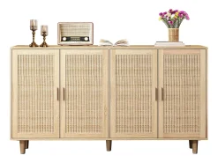 Mueble de almacenaje de ratán, diseño elegante, madera maciza, natural, (158x40x88 cm)