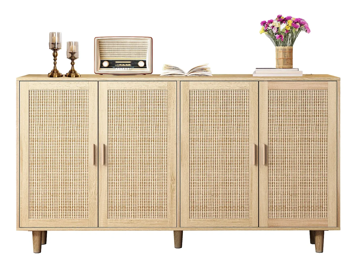 Mueble de almacenaje de ratán, diseño elegante, madera maciza, natural, (158x40x88 cm)