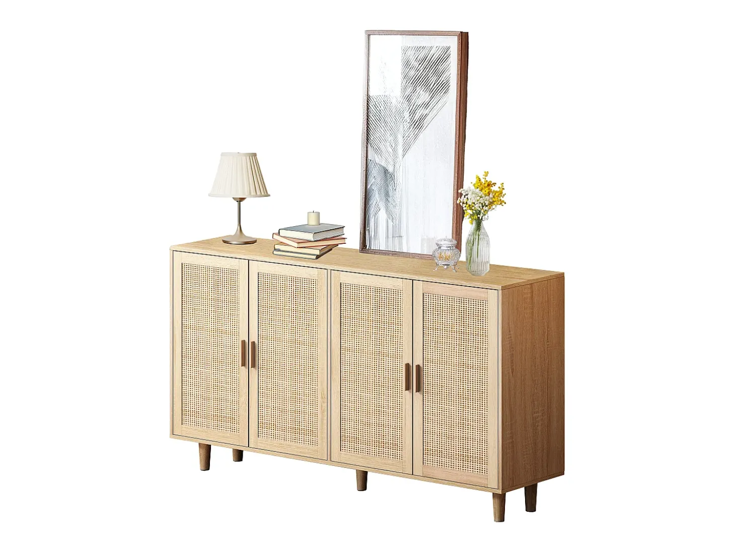 Mueble de almacenaje de ratán, diseño elegante, madera maciza, natural, (158x40x88 cm)