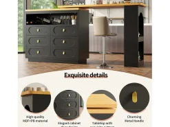 Mueble de bar de cocina extensible - y rotación 360° - 203x39x90 cm - 6 cajones - con estantes laterales - Negro