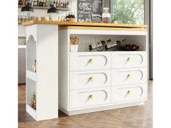Mueble de bar de cocina extensible - y rotación 360° - 203x39x90 cm - 6 cajones - con estantes laterales - Blanco