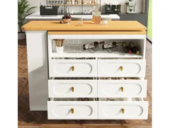 Mueble de bar de cocina extensible - y rotación 360° - 203x39x90 cm - 6 cajones - con estantes laterales - Blanco