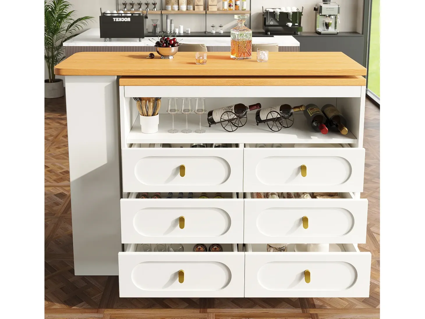 Mueble de bar de cocina extensible - y rotación 360° - 203x39x90 cm - 6 cajones - con estantes laterales - Blanco