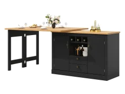 Mueble de bar de cocina extensible - y rotación 360° - mesa grande - 180x79.5x71.5 cm - 2 cajones y 2 puertas - 3 portabotellas - Negro