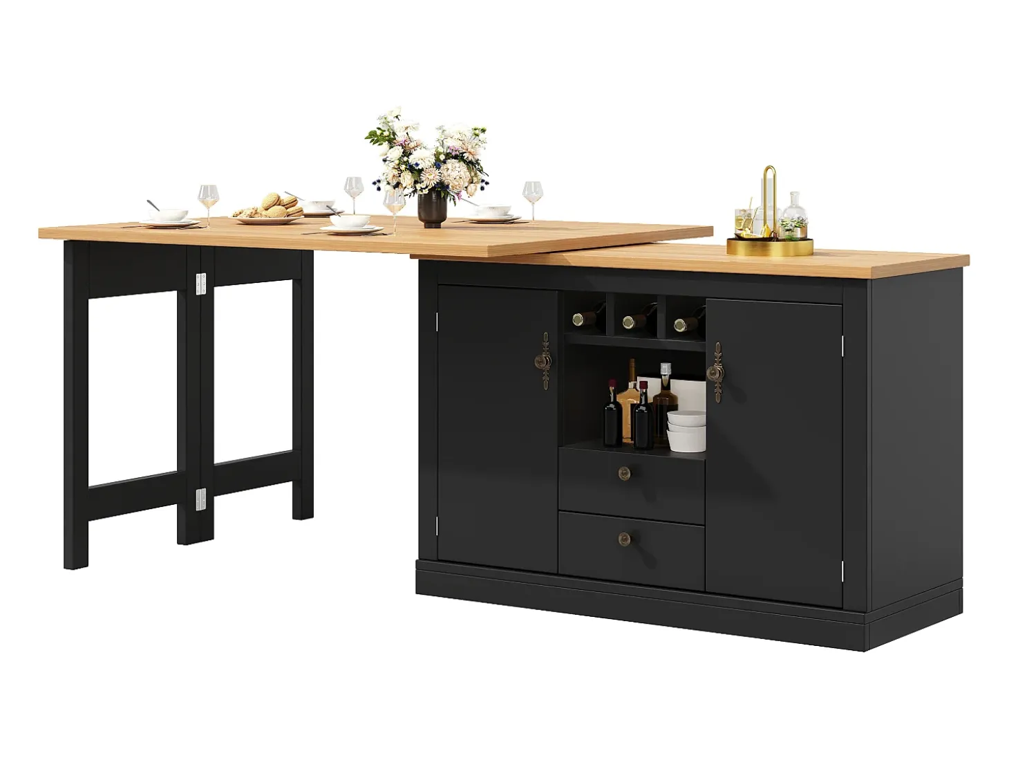 Mueble de bar de cocina extensible - y rotación 360° - mesa grande - 180x79.5x71.5 cm - 2 cajones y 2 puertas - 3 portabotellas - Negro