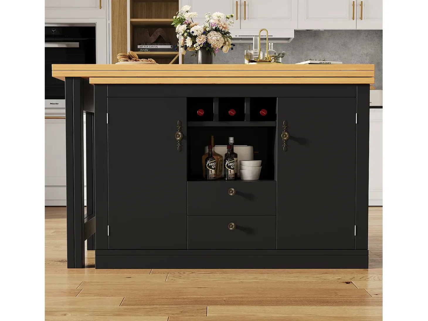Mueble de bar de cocina extensible - y rotación 360° - mesa grande - 180x79.5x71.5 cm - 2 cajones y 2 puertas - 3 portabotellas - Negro