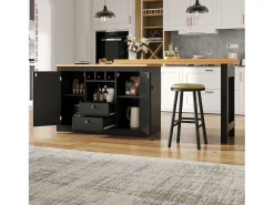 Mueble de bar de cocina extensible - y rotación 360° - mesa grande - 180x79.5x71.5 cm - 2 cajones y 2 puertas - 3 portabotellas - Negro