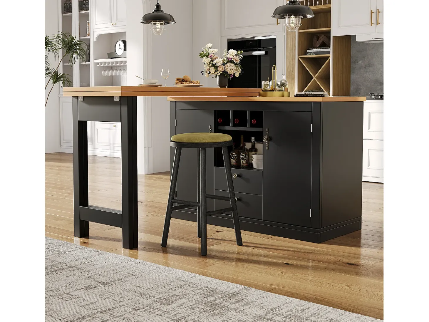 Mueble de bar de cocina extensible - y rotación 360° - mesa grande - 180x79.5x71.5 cm - 2 cajones y 2 puertas - 3 portabotellas - Negro