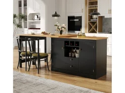 Mueble de bar de cocina extensible - y rotación 360° - mesa grande - 180x79.5x71.5 cm - 2 cajones y 2 puertas - 3 portabotellas - Negro