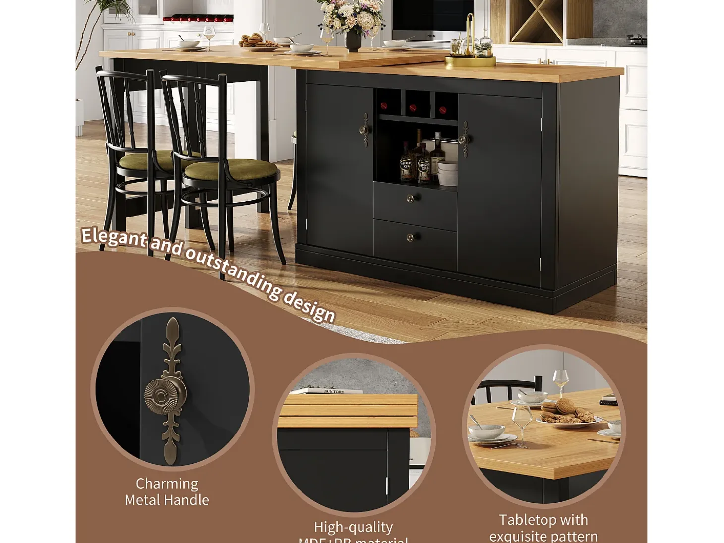 Mueble de bar de cocina extensible - y rotación 360° - mesa grande - 180x79.5x71.5 cm - 2 cajones y 2 puertas - 3 portabotellas - Negro