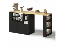Mueble de bar de cocina extensible y giratorio - 115x50x92cm - con 2 cajones y 2 puertas - con estantes laterales - Negro