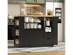 Mueble de bar de cocina extensible y giratorio - 115x50x92cm - con 2 cajones y 2 puertas - con estantes laterales - Negro