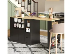 Mueble de bar de cocina extensible y giratorio - 115x50x92cm - con 2 cajones y 2 puertas - con estantes laterales - Negro