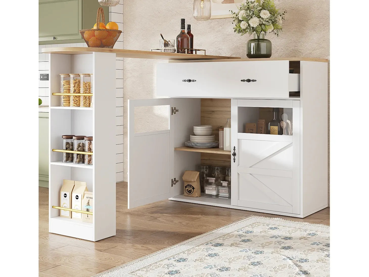 Mueble de bar giratorio 360° y plegable - con 1 cajón y 2 puertas - estantes abiertos - blanco + natural