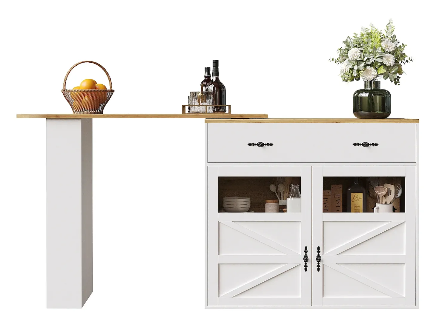 Mueble de bar giratorio 360° y plegable - con 1 cajón y 2 puertas - estantes abiertos - blanco + natural