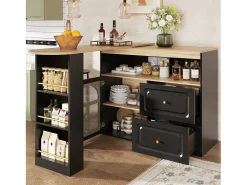 Mueble de bar giratorio 360° y plegable - con 2 cajones y 1 puerta - estantes abiertos - negro + natural