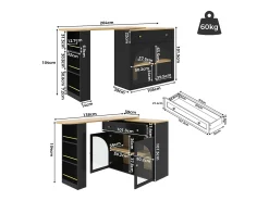 Mueble de bar giratorio 360° y plegable - con 1 cajón y 2 puertas - estantes abiertos - negro + natural