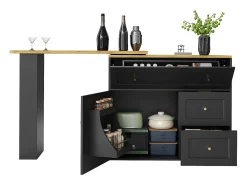 Mueble de bar giratorio moderno 360° - 204×39×105 cm - 2 cajones y 2 puertas - con estantes laterales - mesa extensible - negro