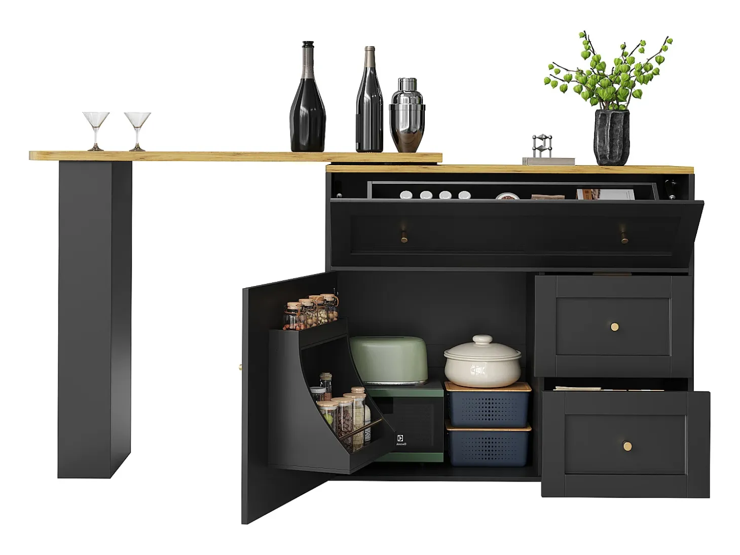 Mueble de bar giratorio moderno 360° - 204×39×105 cm - 2 cajones y 2 puertas - con estantes laterales - mesa extensible - negro