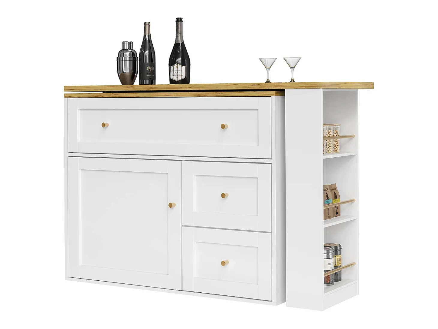 Mueble de bar giratorio moderno 360° - 204×39×105 cm - 2 cajones y 2 puertas - con estantes laterales - mesa extensible - blanco