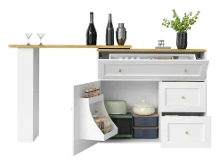Mueble de bar giratorio moderno 360° - 204×39×105 cm - 2 cajones y 2 puertas - con estantes laterales - mesa extensible - blanco