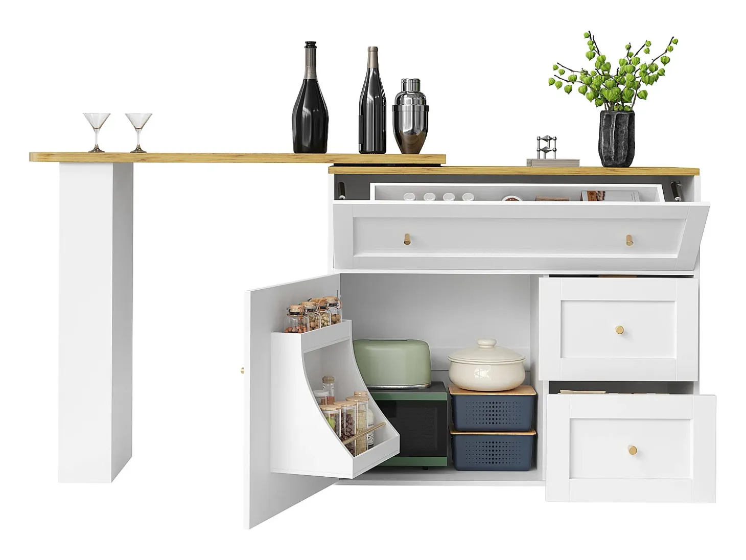 Mueble de bar giratorio moderno 360° - 204×39×105 cm - 2 cajones y 2 puertas - con estantes laterales - mesa extensible - blanco