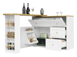 Mueble de bar giratorio moderno 360° - 204×39×105 cm - 2 cajones y 2 puertas - con estantes laterales - mesa extensible - blanco