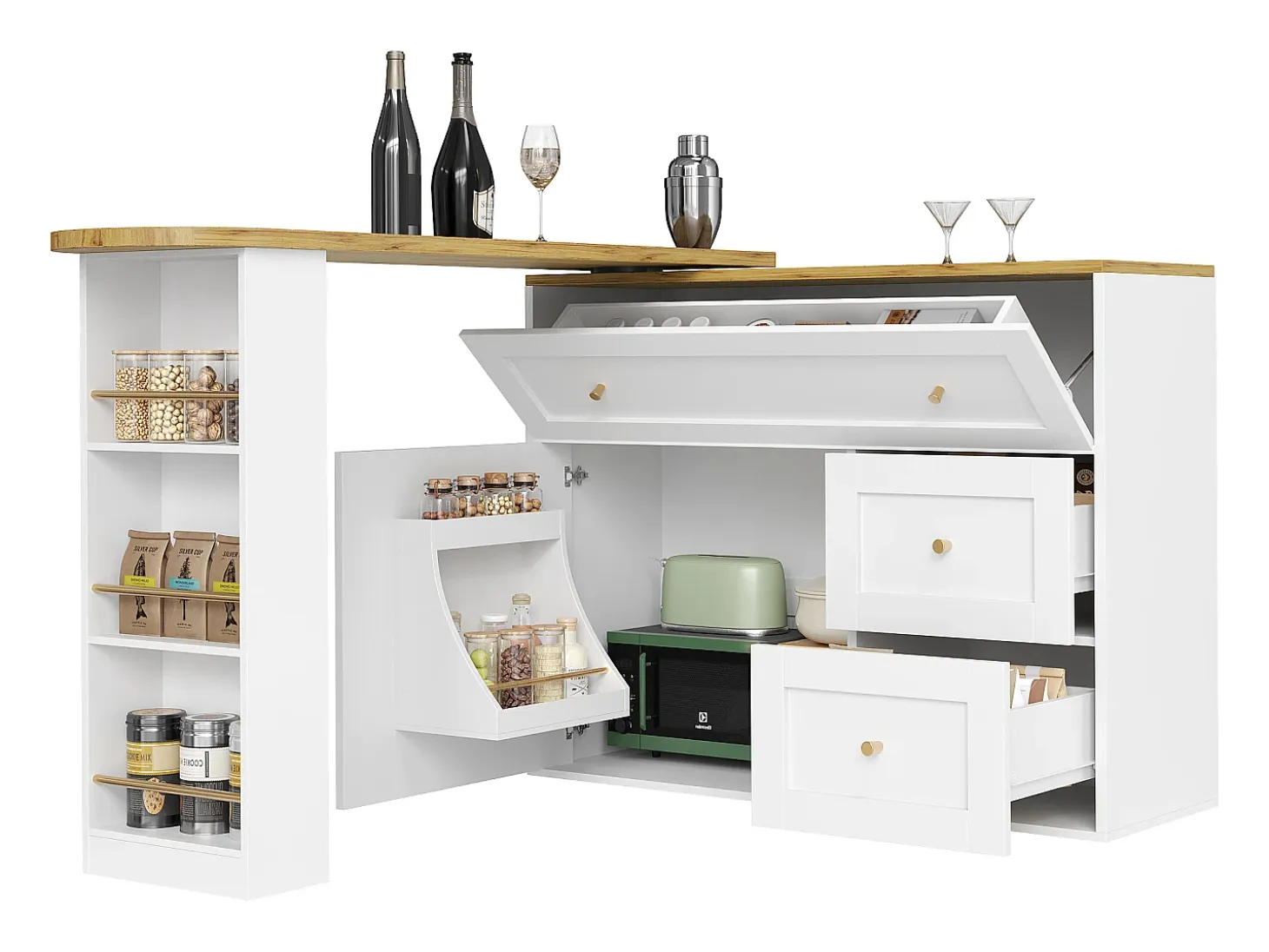 Mueble de bar giratorio moderno 360° - 204×39×105 cm - 2 cajones y 2 puertas - con estantes laterales - mesa extensible - blanco