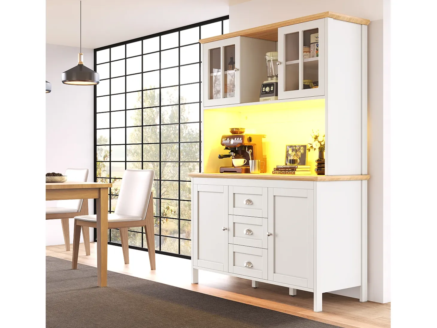 Mueble de cocina - 120x40x179 cm - 4 puertas y 3 cajones - con iluminación LED - Blanco
