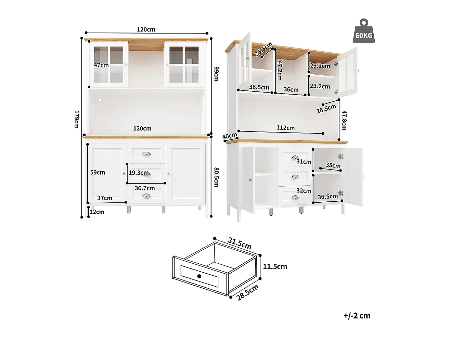 Mueble de cocina - 120x40x179 cm - 4 puertas y 3 cajones - con iluminación LED - Blanco