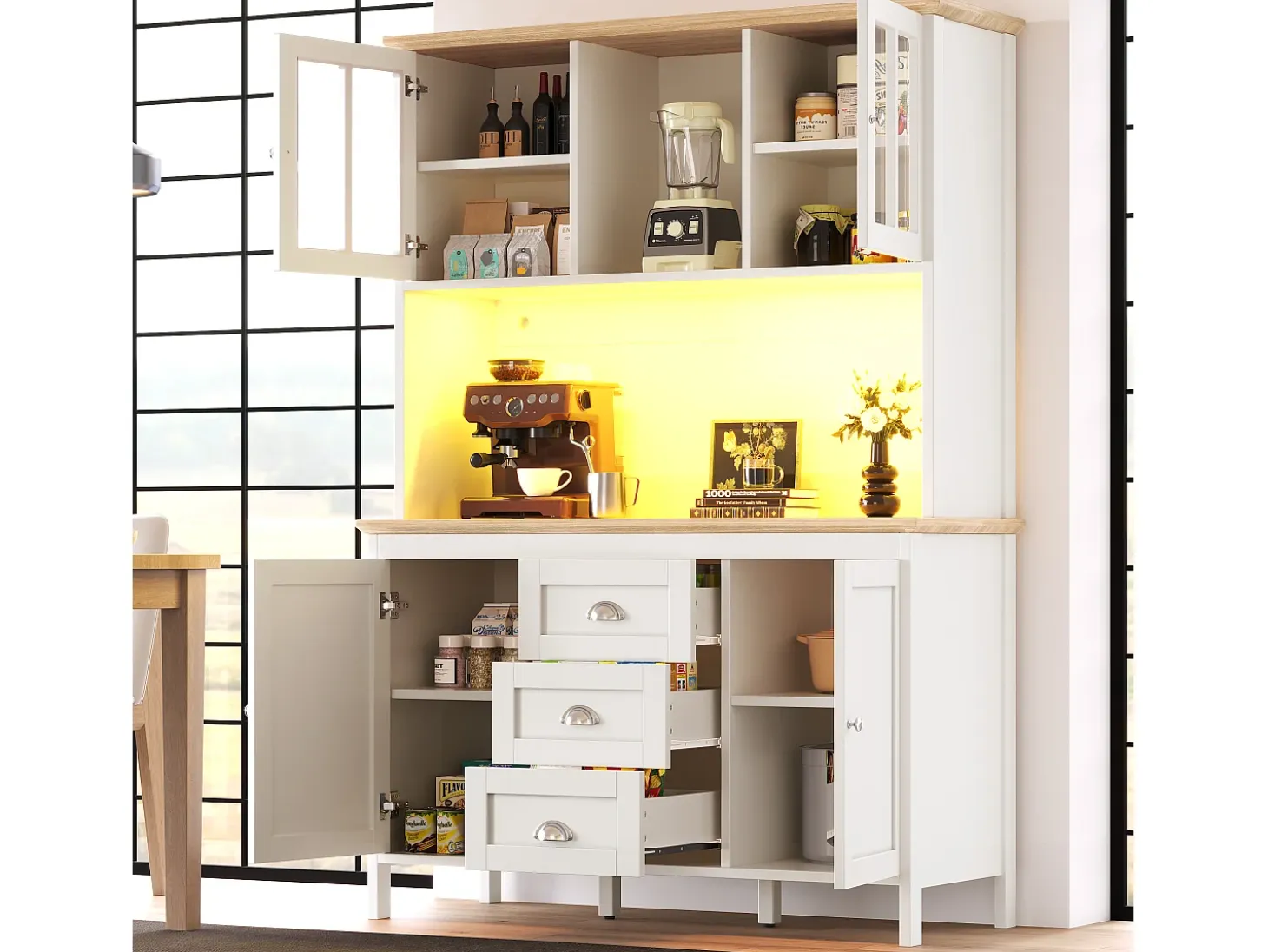 Mueble de cocina - 120x40x179 cm - 4 puertas y 3 cajones - con iluminación LED - Blanco