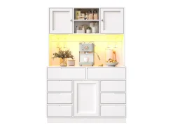 Mueble de cocina - 120x40x183 cm - 2 puertas y 8 cajones - portavasos de vino - con iluminación LED y toma de corriente - Blanco