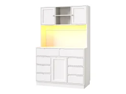 Mueble de cocina - 120x40x183 cm - 2 puertas y 8 cajones - portavasos de vino - con iluminación LED y toma de corriente - Blanco