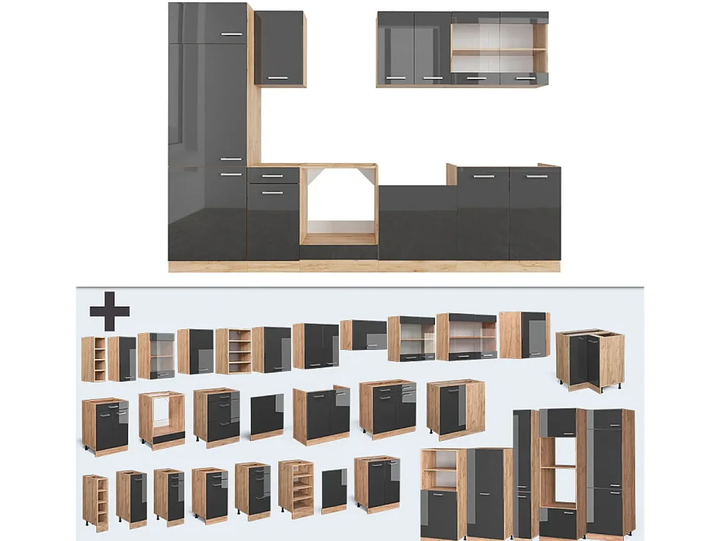 Mueble de cocina antracita brillo intenso/roble dorado eléctrico 300x60x81.6 r-line