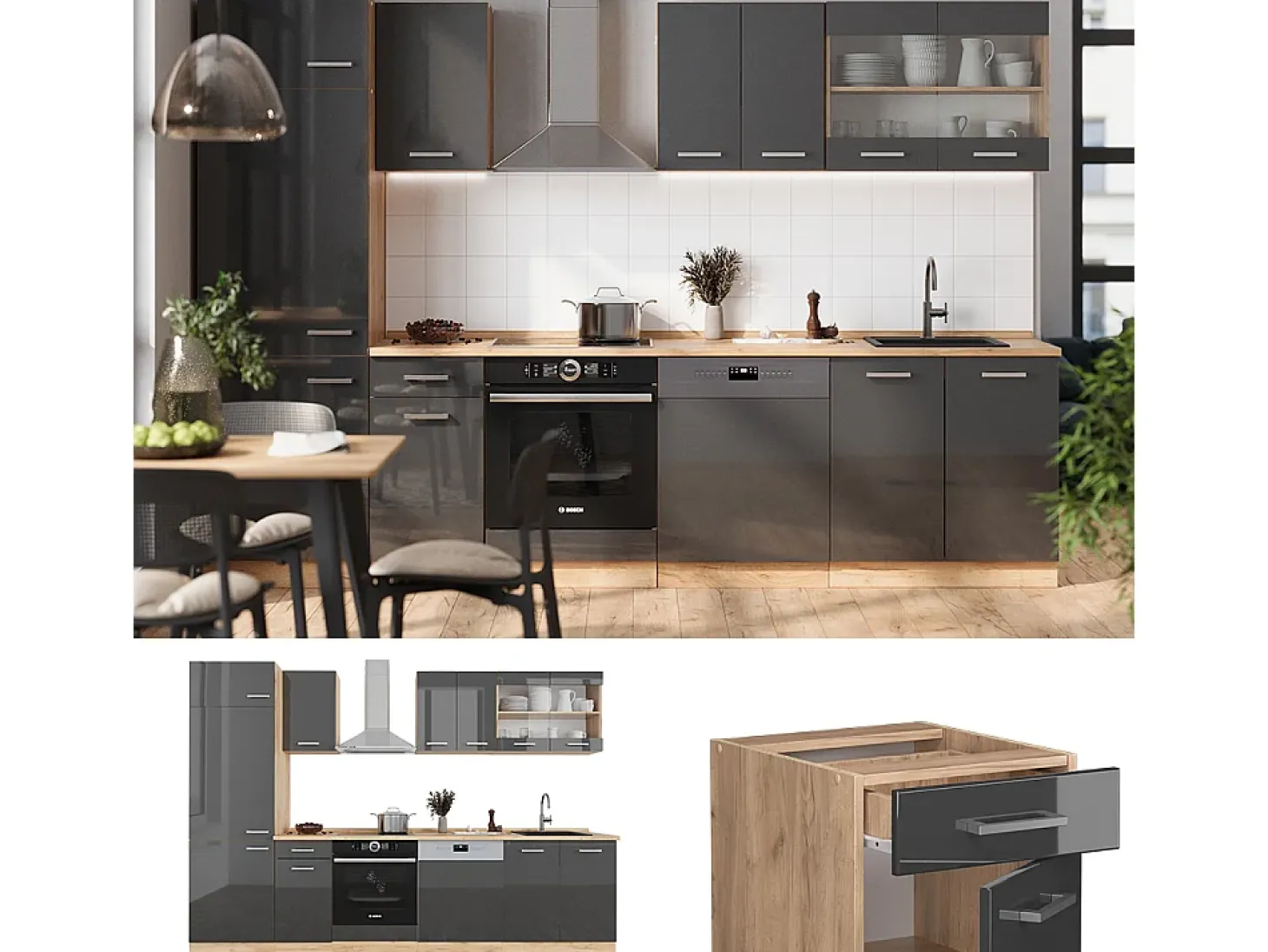 Mueble de cocina antracita brillo intenso/roble dorado eléctrico 300x60x81.6 r-line