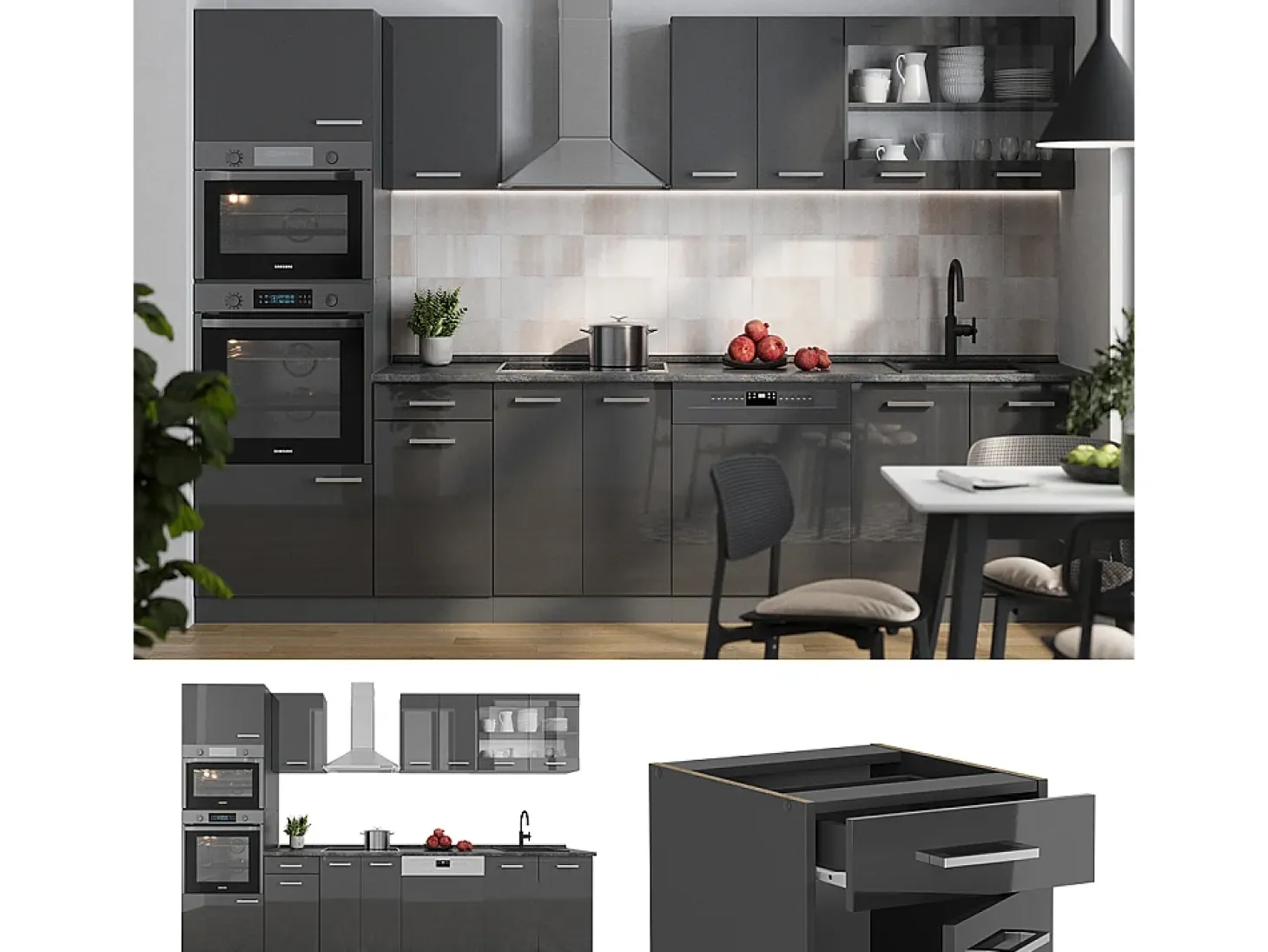 Mueble de cocina antracita brillo intenso/antracita 300x46x81.6 r-line