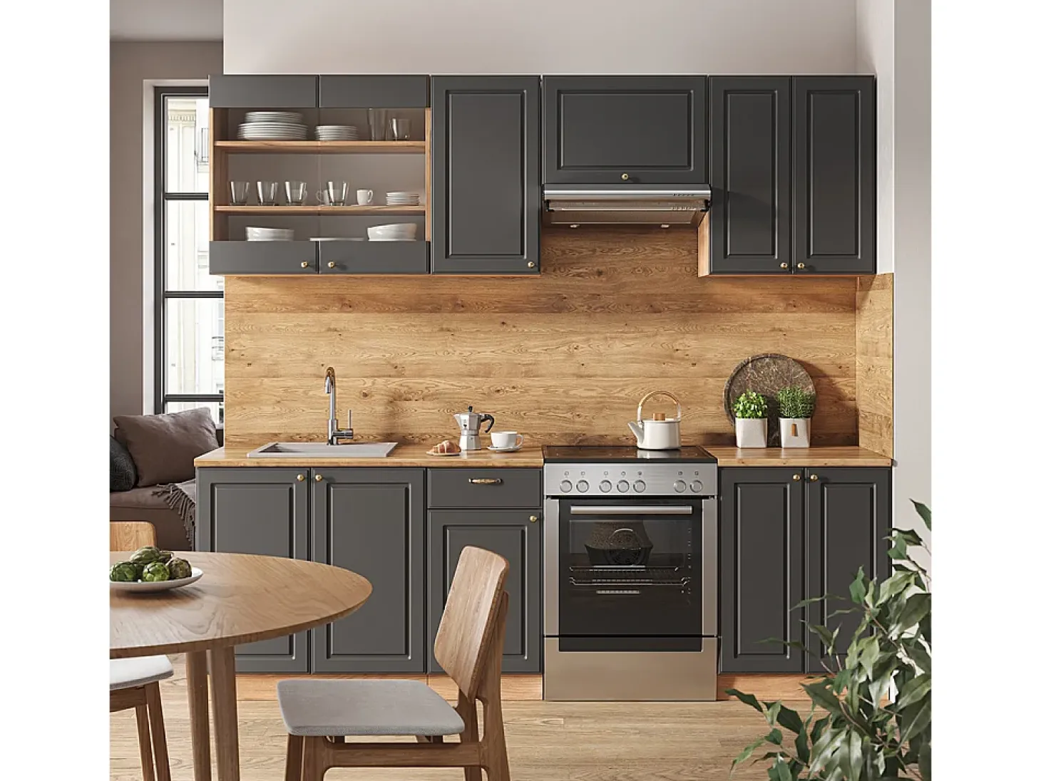 Mueble de cocina antracita casa de campo/roble kraft dorado 240x46x81.6 fame-line