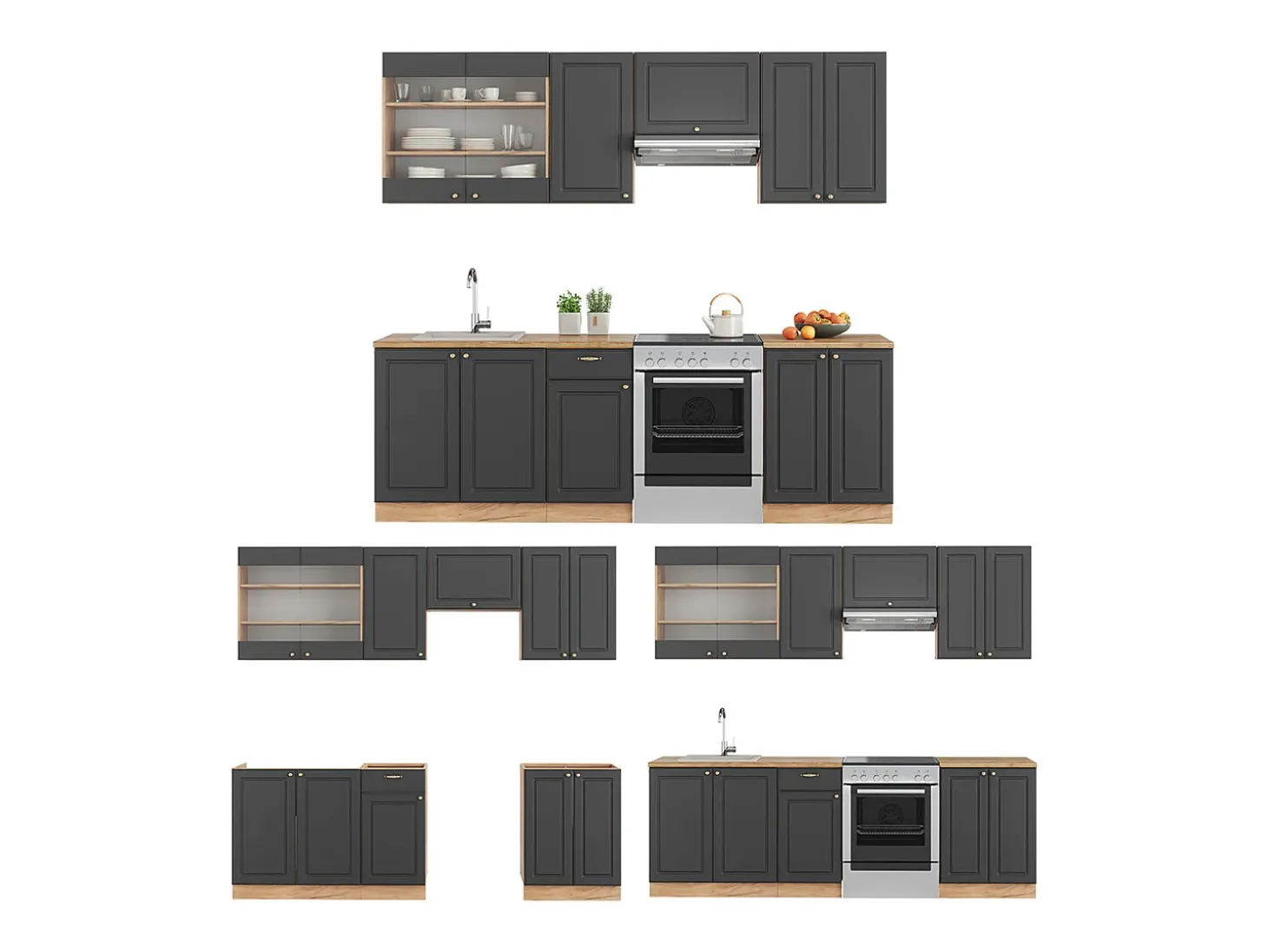 Mueble de cocina antracita casa de campo/roble kraft dorado 240x46x81.6 fame-line